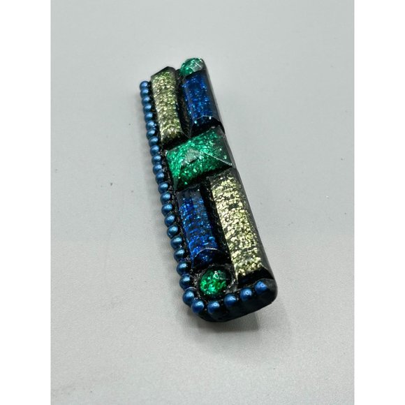 90s Handcrafted Brooch Blue and Green Glittery Pin Rectangle Geometric Design - Picture 5 of 7